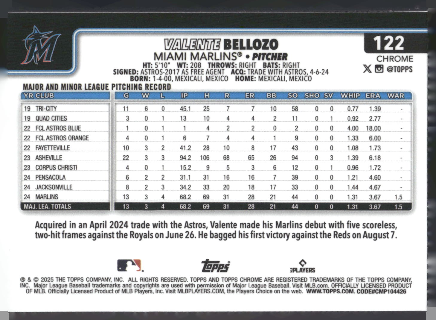 2025 Topps Chrome #122 Valente Bellozo Refractors