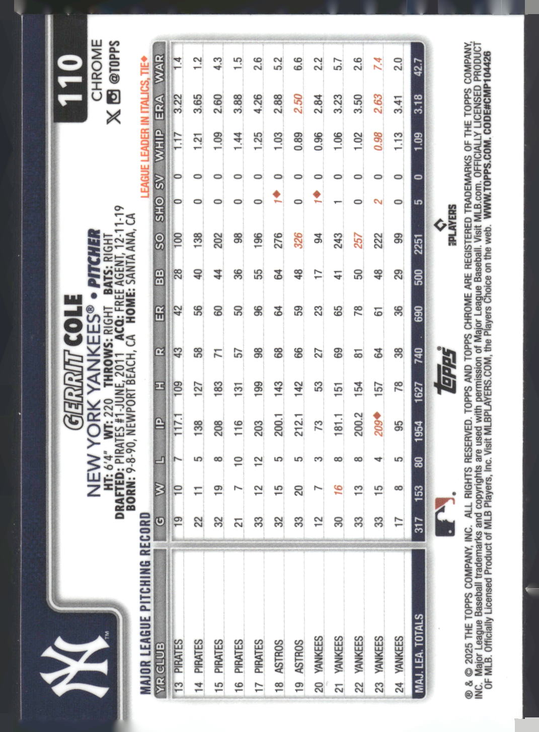 2025 Topps Chrome #110 Gerrit Cole Sepia Refractors