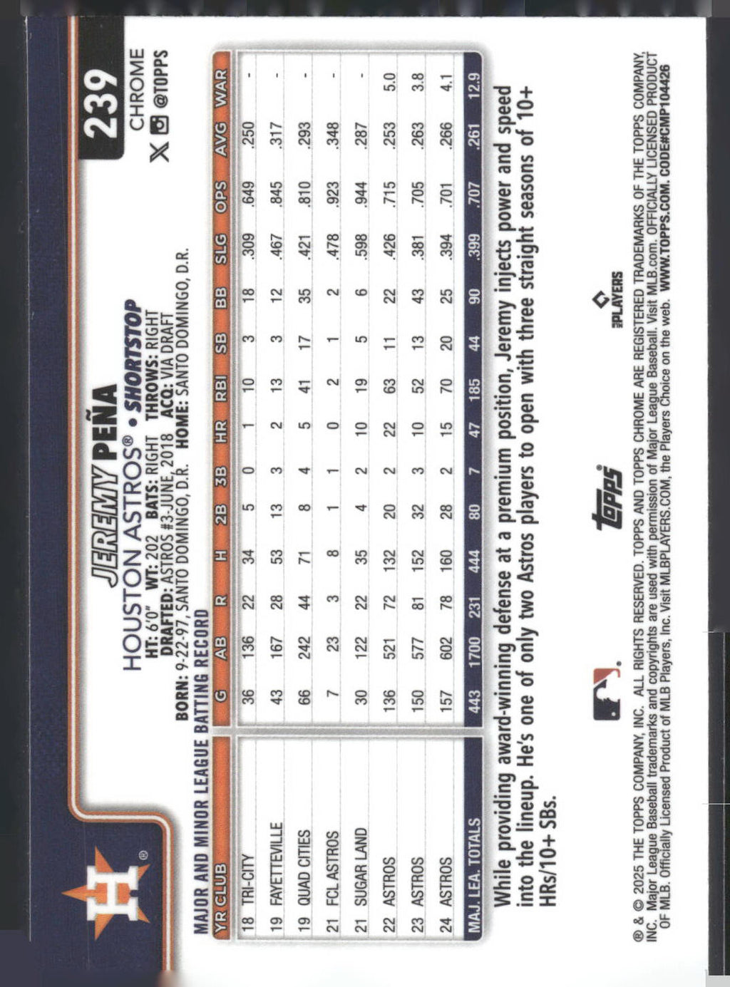 2025 Topps Chrome #239 Jeremy Peña RayWave Refractors