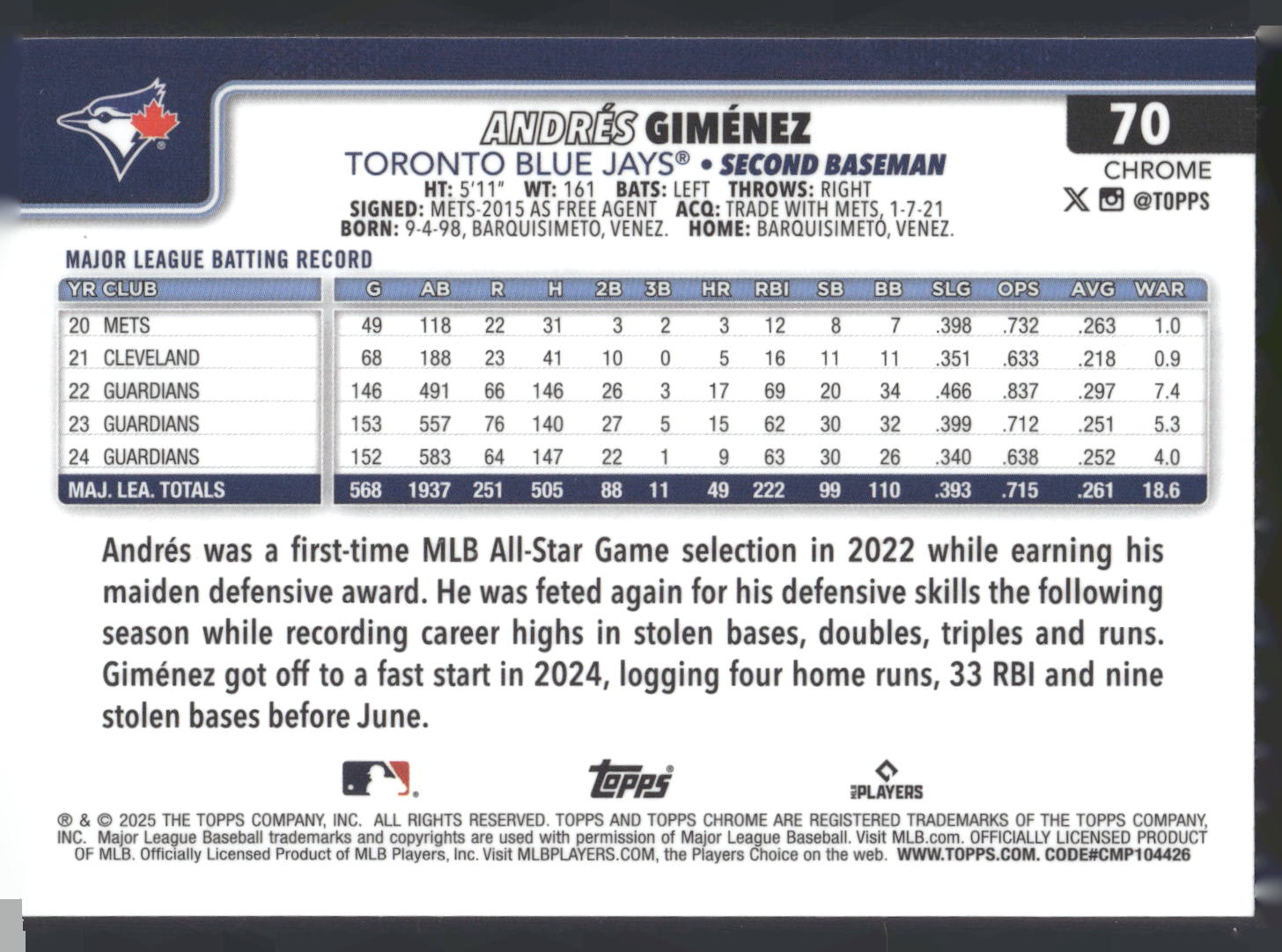 2025 Topps Chrome #70 Andrés Giménez Sepia Refractors