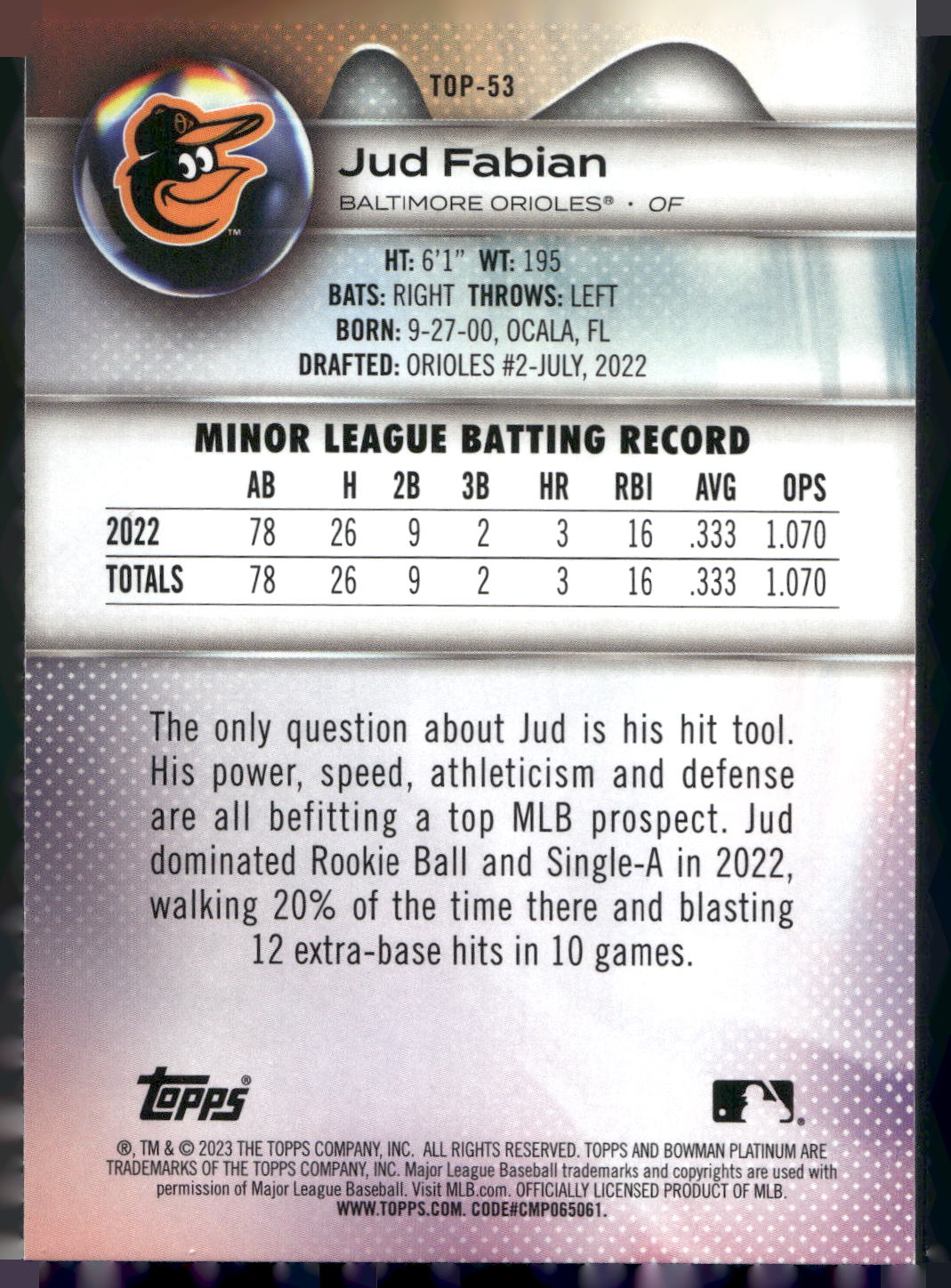 2023 Bowman Platinum #TOP-53 Jud Fabian Top Prospects