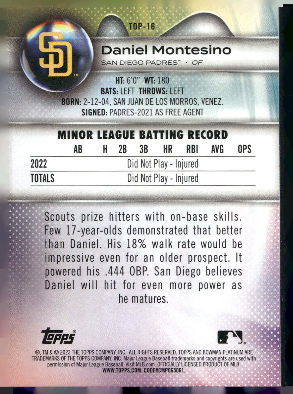 2023 Bowman Platinum #TOP-16 Daniel Montesino Top Prospects