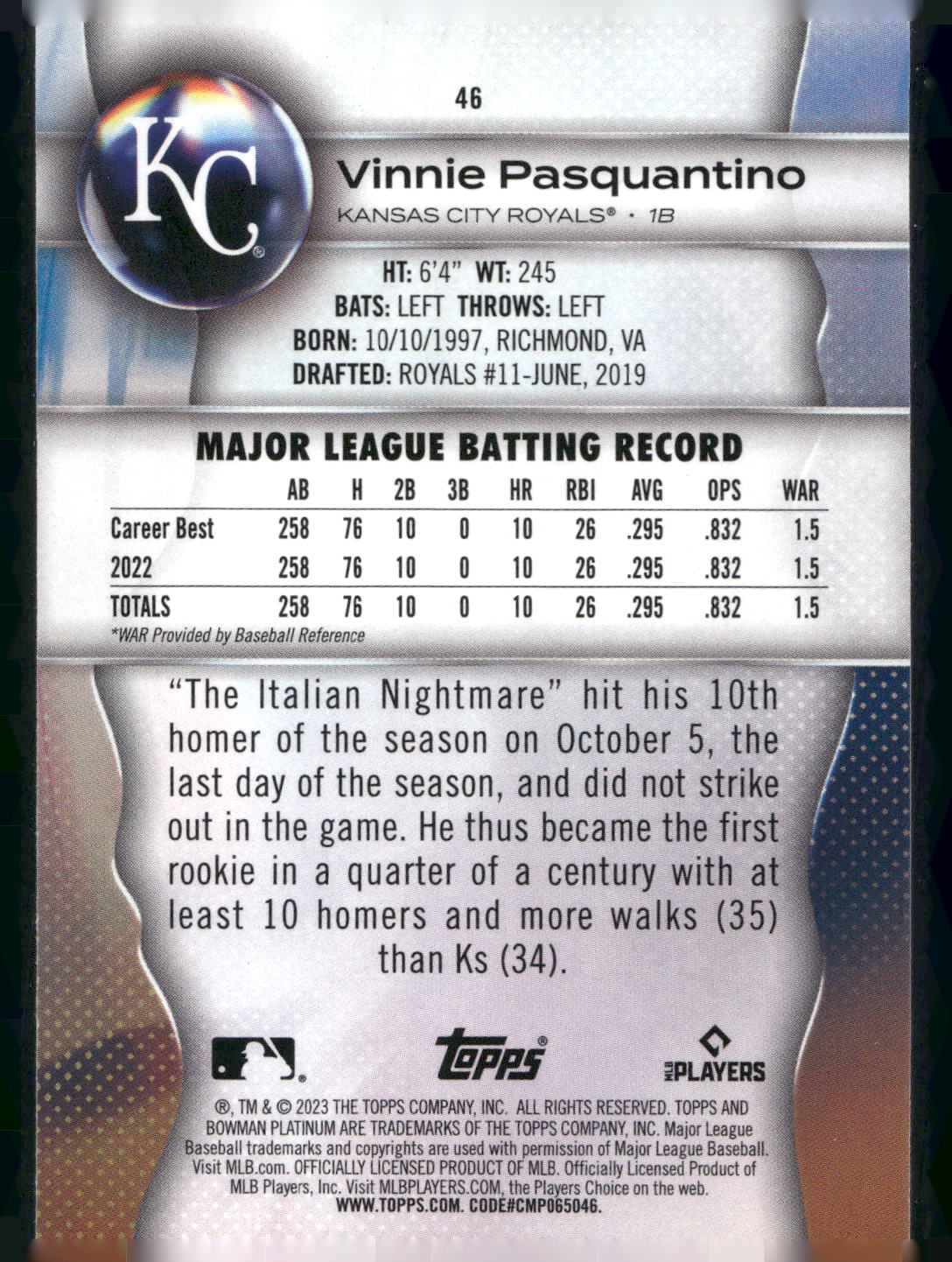 2023 Bowman Platinum #46 Vinnie Pasquantino