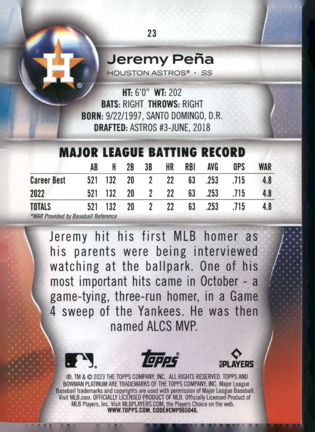 2023 Bowman Platinum #23 Jeremy Peña