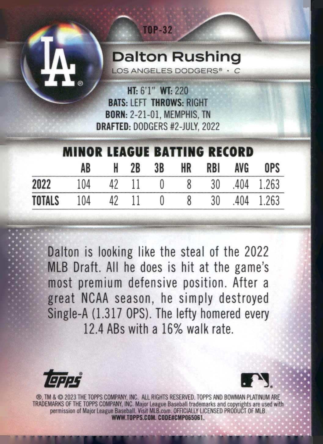 2023 Bowman Platinum #TOP-32 Dalton Rushing Top Prospects