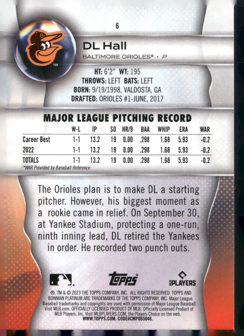2023 Bowman Platinum #6 DL Hall