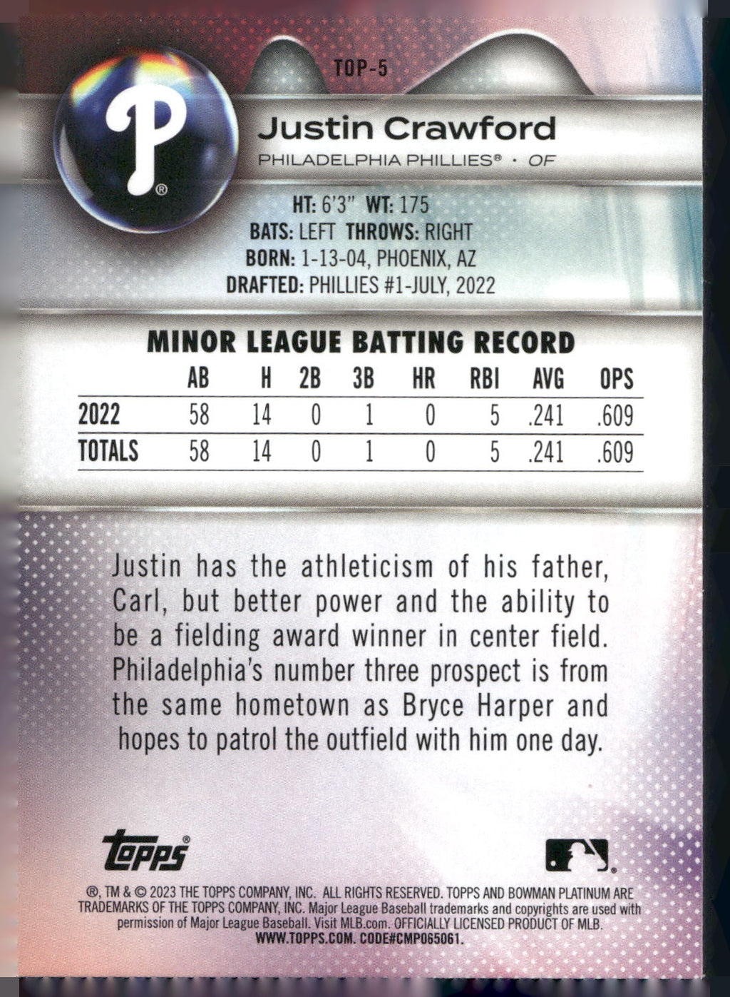 2023 Bowman Platinum #TOP-5 Justin Crawford Top Prospects