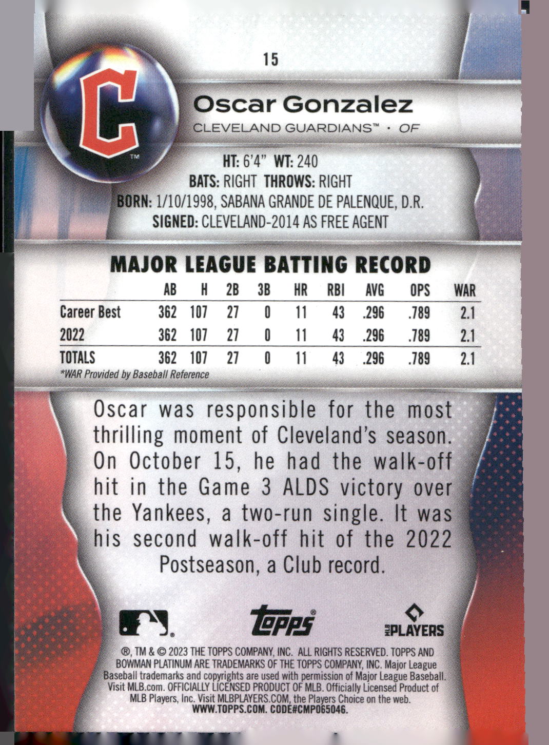2023 Bowman Platinum #15 Oscar Gonzalez