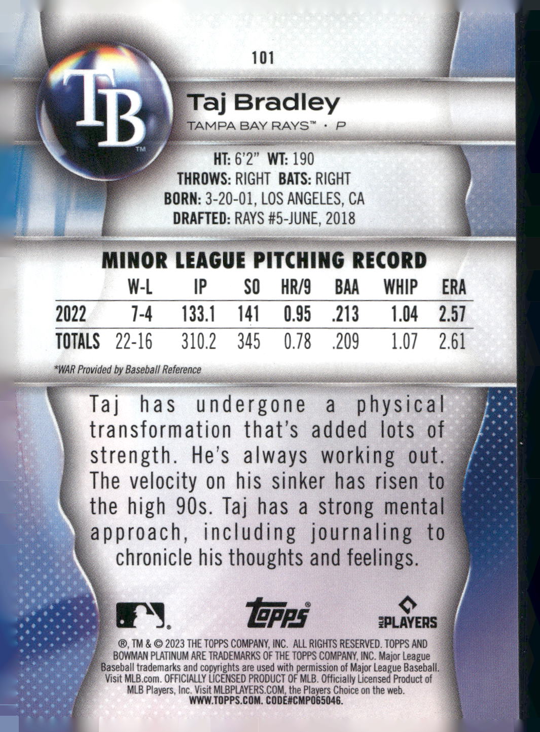 2023 Bowman Platinum #101 Taj Bradley