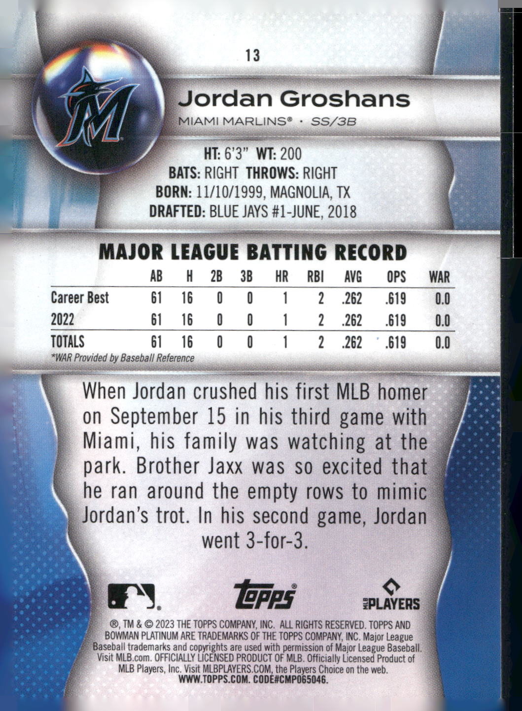 2023 Bowman Platinum #13 Jordan Groshans