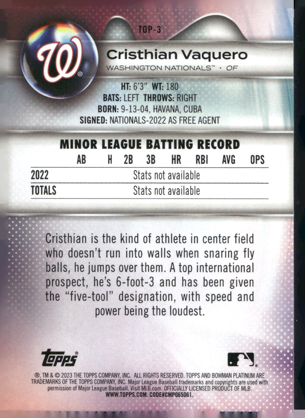 2023 Bowman Platinum #TOP-3 Cristhian Vaquero Top Prospects
