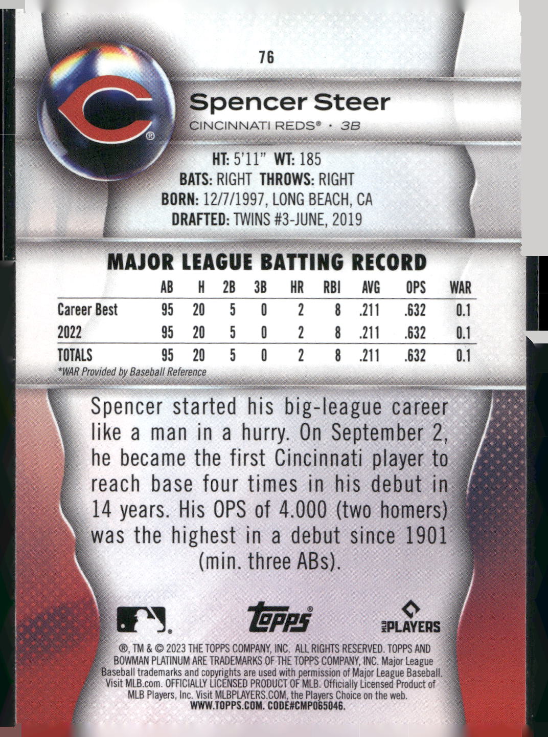 2023 Bowman Platinum #76 Spencer Steer