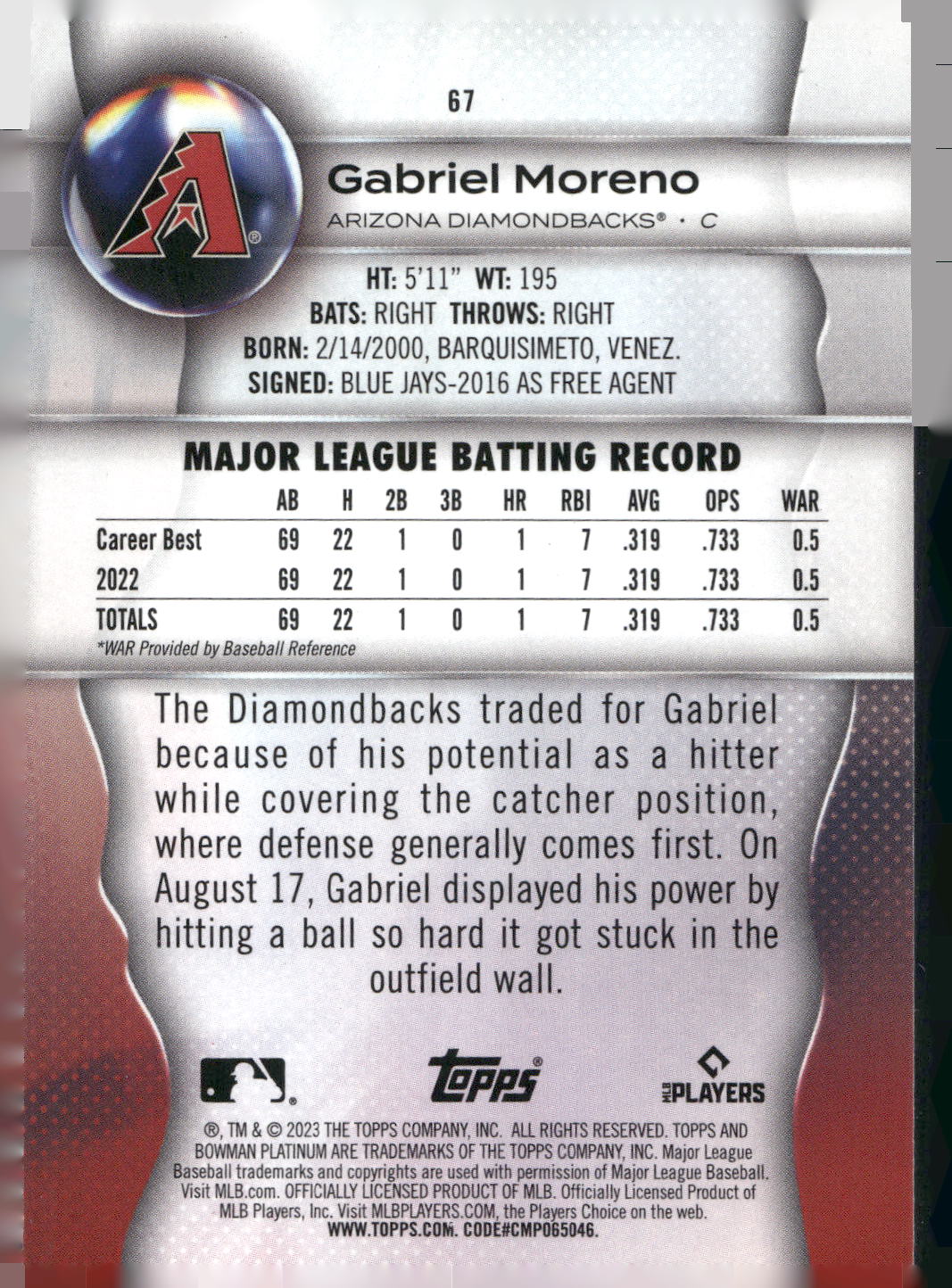 2023 Bowman Platinum #67 Gabriel Moreno