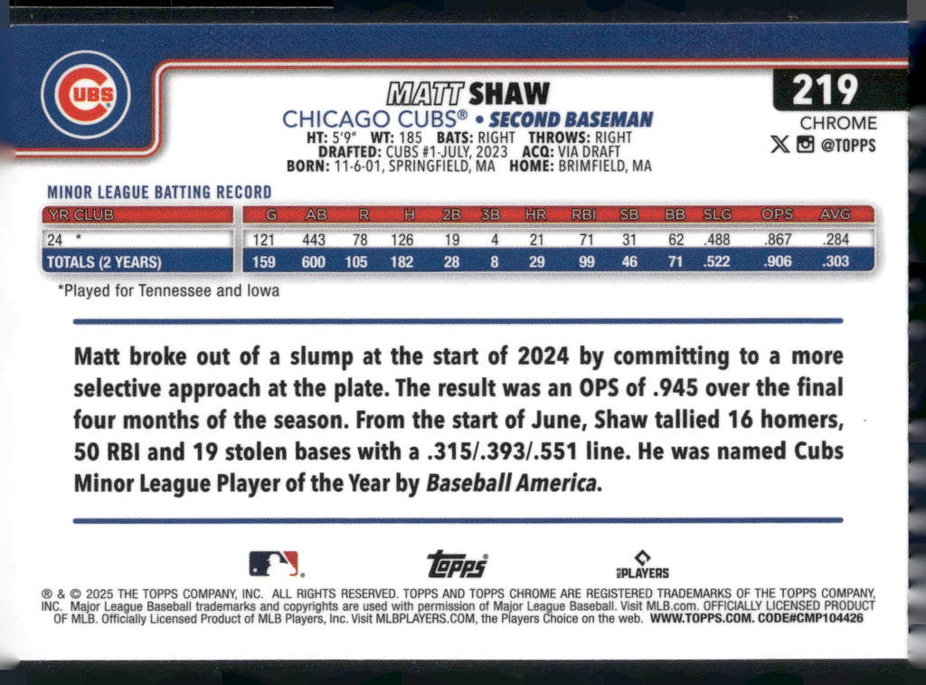 2025 Topps Chrome #219 Matt Shaw Sepia Refractors