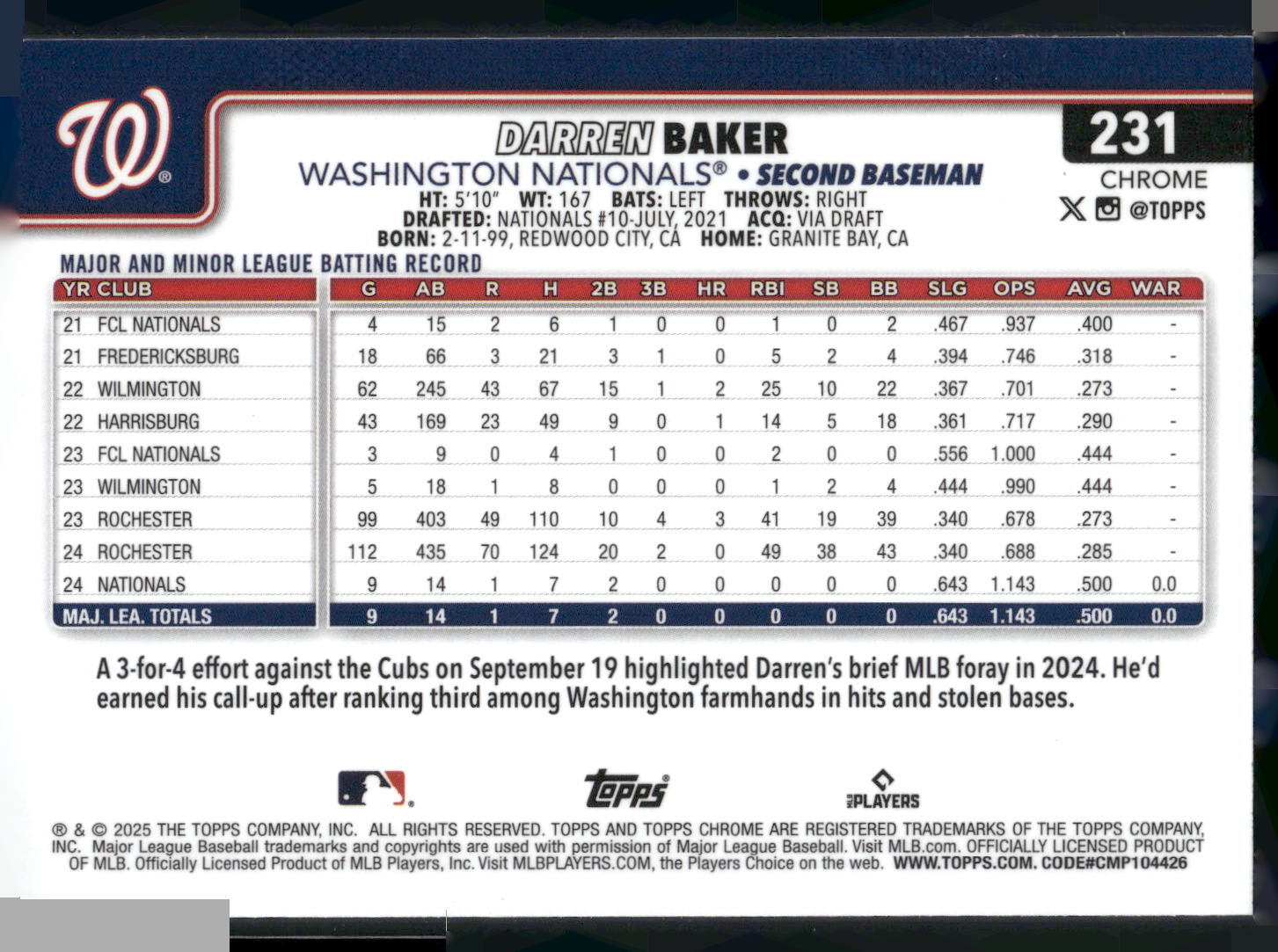 2025 Topps Chrome #231 Darren Baker RayWave Refractors