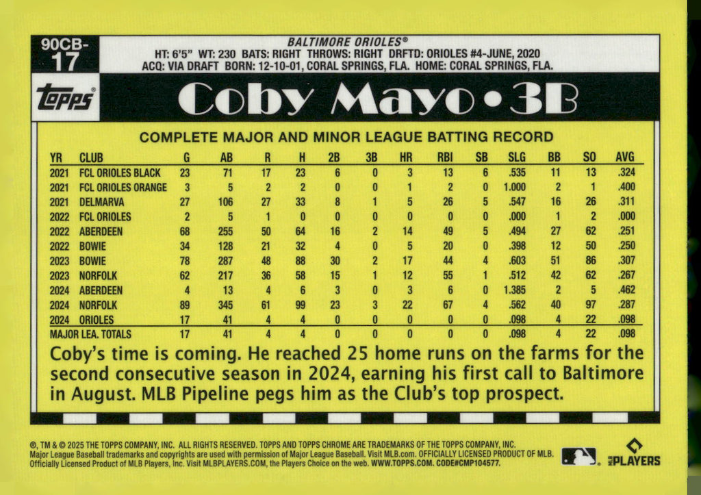 2025 Topps Chrome #90CB-17 Coby Mayo 1990 Topps Baseball 35th Anniversary