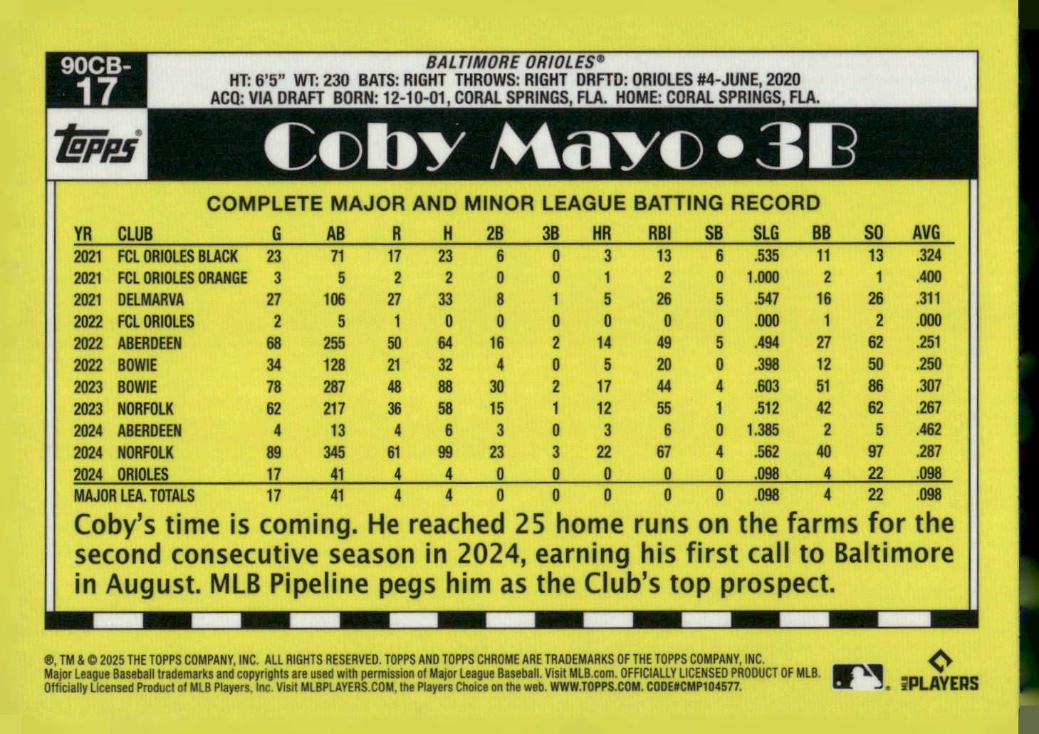 2025 Topps Chrome #90CB-17 Coby Mayo 1990 Topps Baseball 35th Anniversary