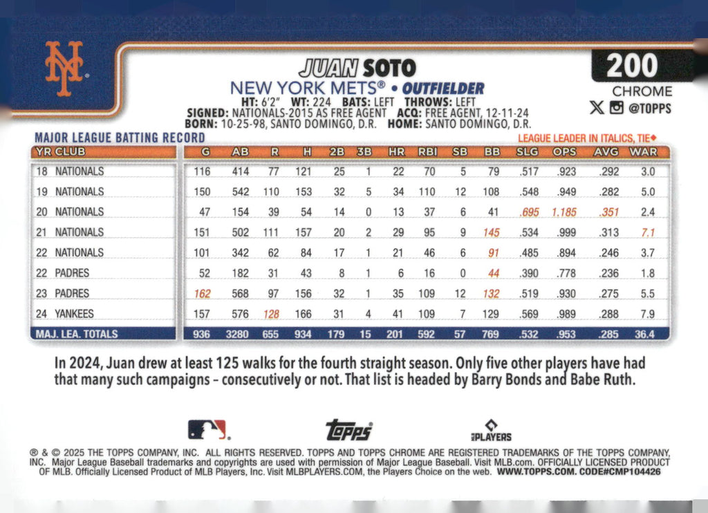 2025 Topps Chrome #200 Juan Soto RayWave Refractors