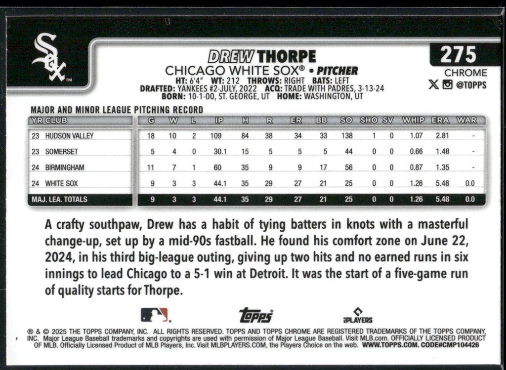 2025 Topps Chrome #275 Drew Thorpe RayWave Refractors