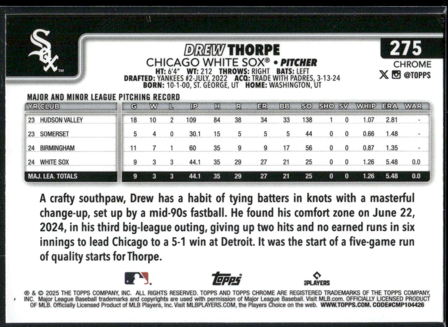 2025 Topps Chrome #275 Drew Thorpe RayWave Refractors