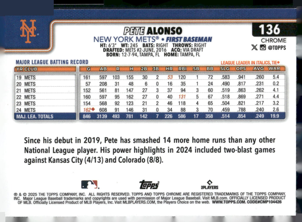 2025 Topps Chrome #136 Pete Alonso