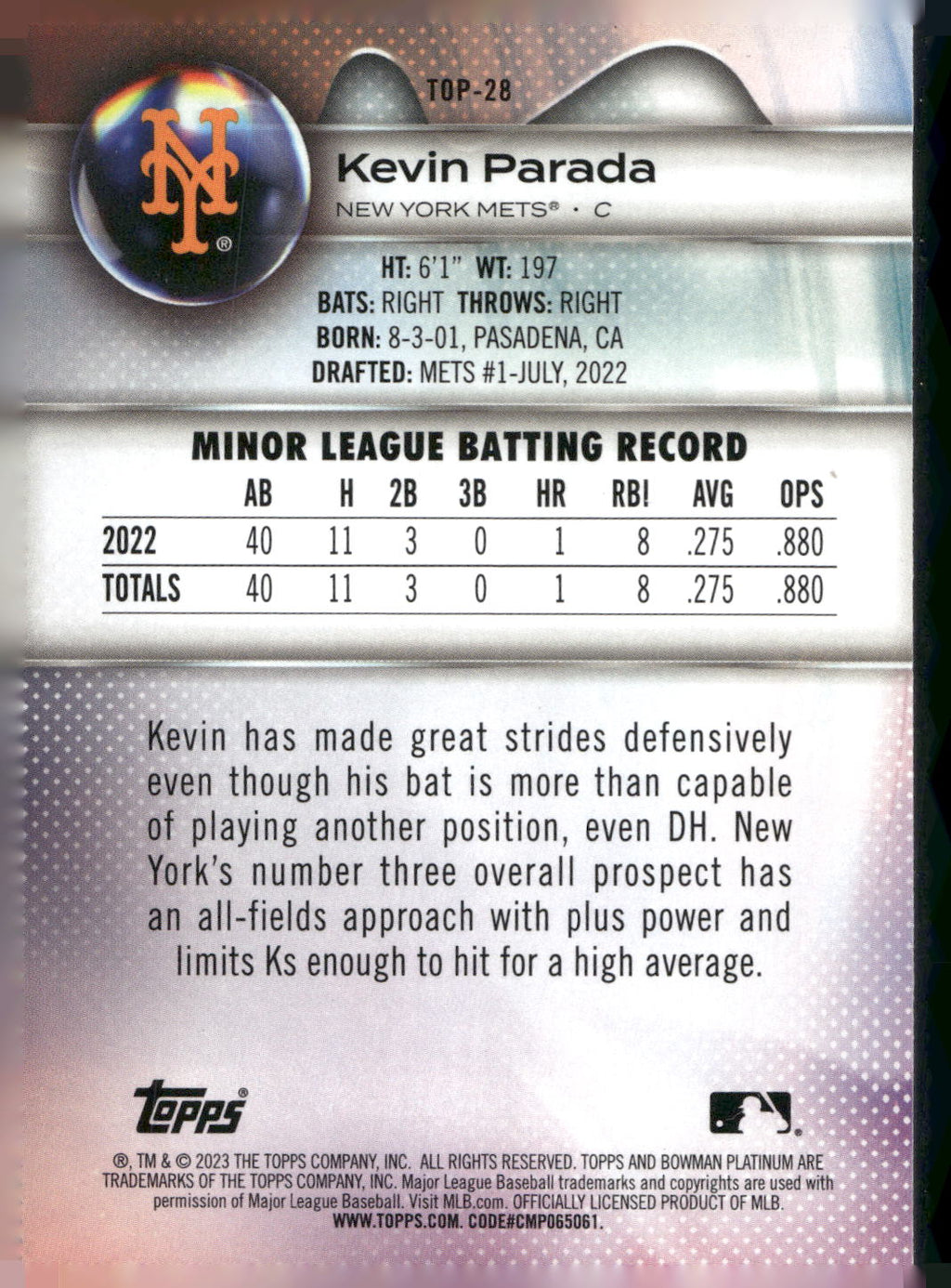 2023 Bowman Platinum #TOP-28 Kevin Parada Top Prospects