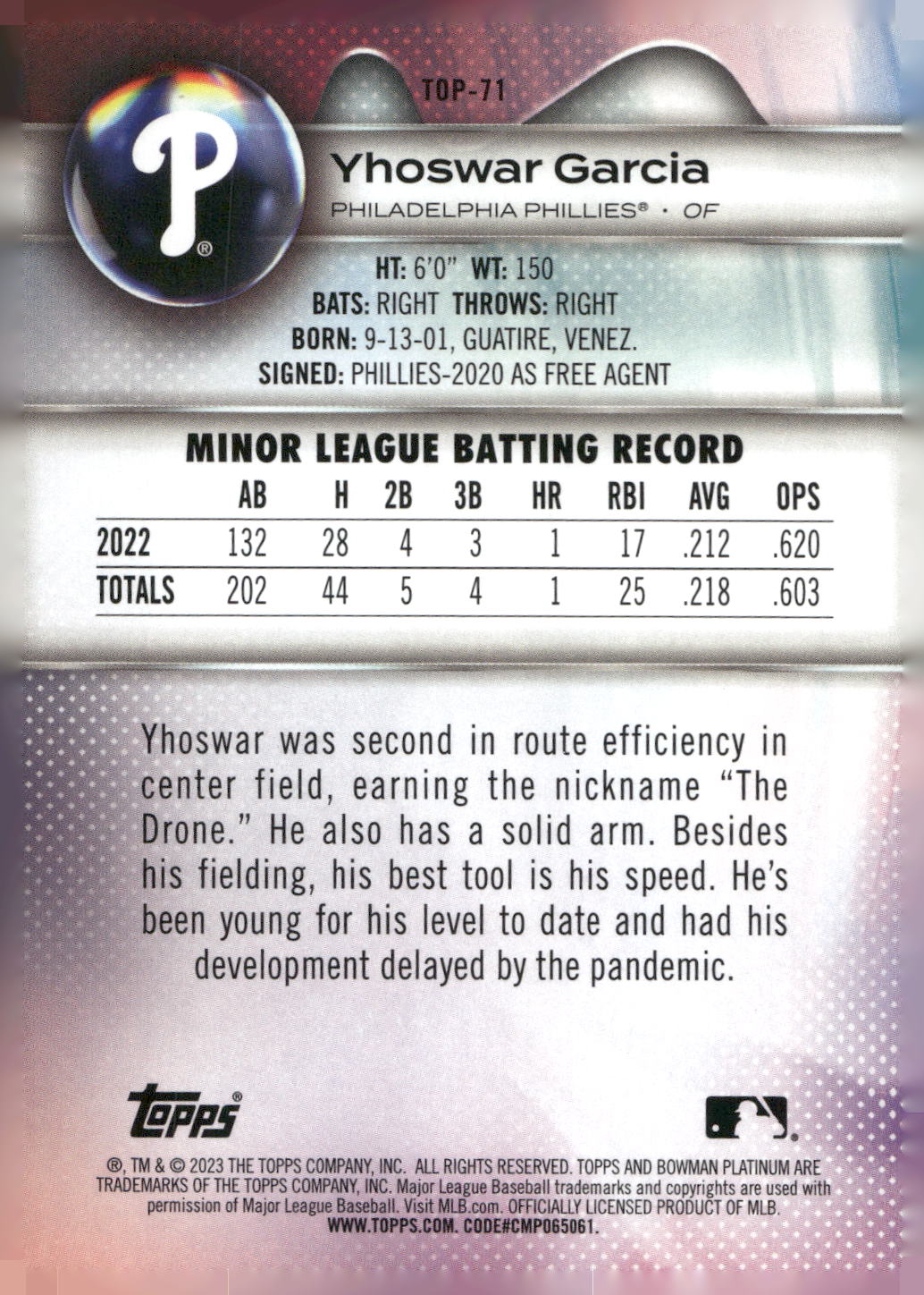 2023 Bowman Platinum #TOP-71 Yhoswar Garcia Top Prospects