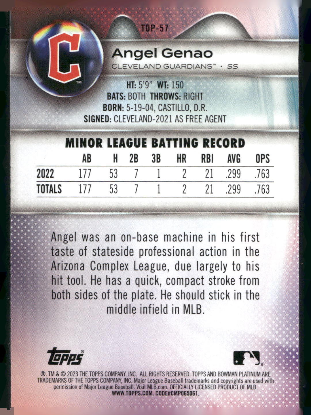 2023 Bowman Platinum #TOP-57 Angel Genao Top Prospects