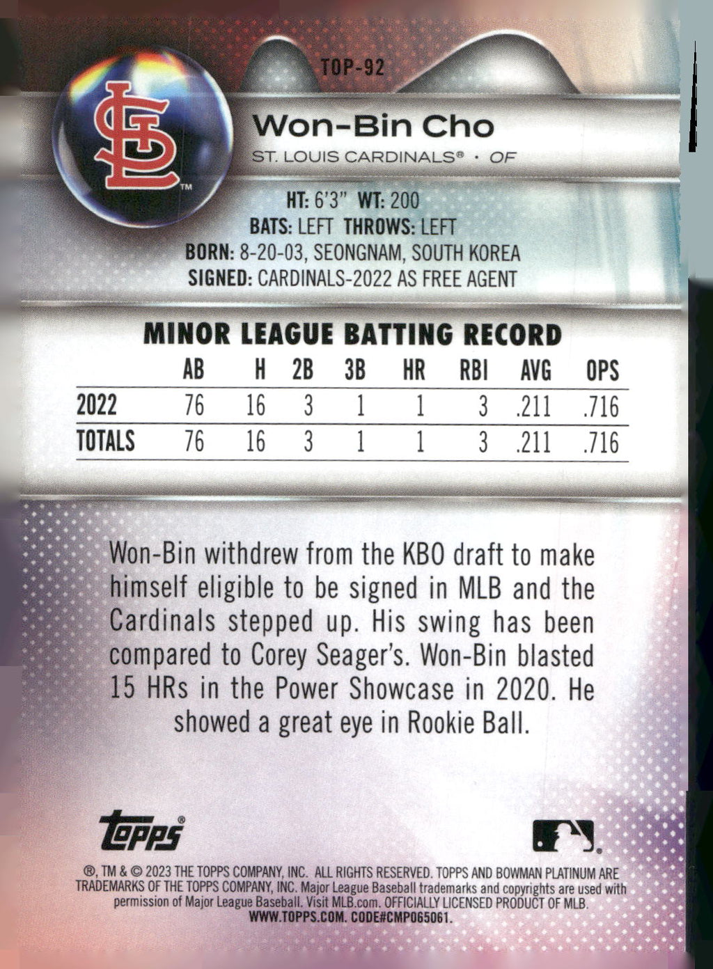 2023 Bowman Platinum #TOP-92 Won-Bin Cho Top Prospects
