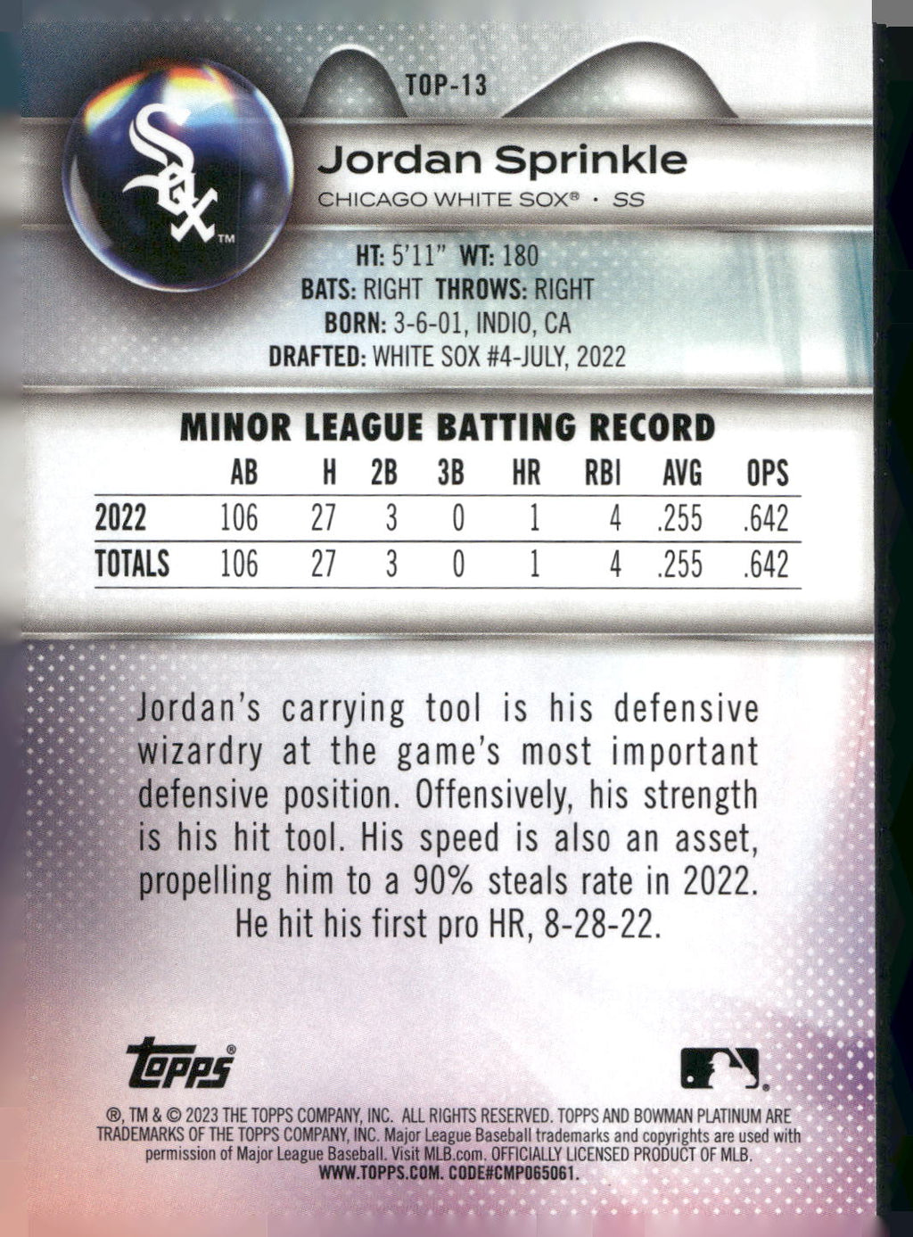 2023 Bowman Platinum #TOP-13 Jordan Sprinkle Top Prospects