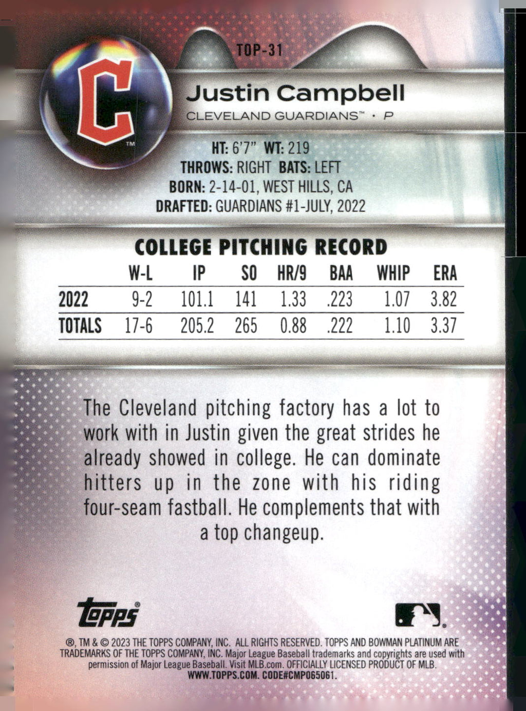 2023 Bowman Platinum #TOP-31 Justin Campbell Top Prospects