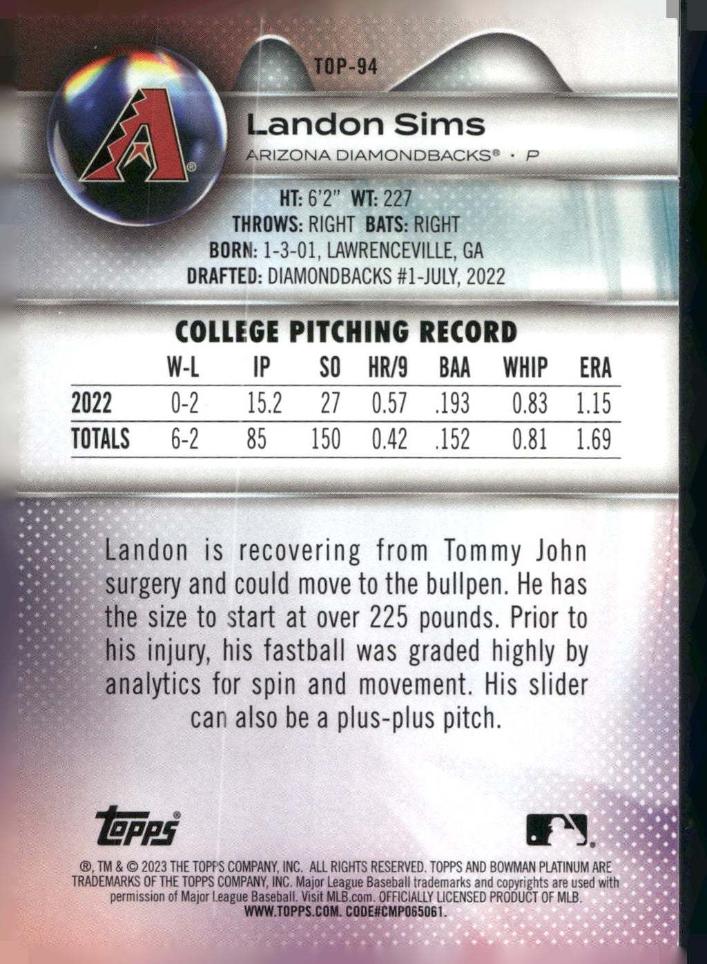 2023 Bowman Platinum #TOP-94 Landon Sims Top Prospects