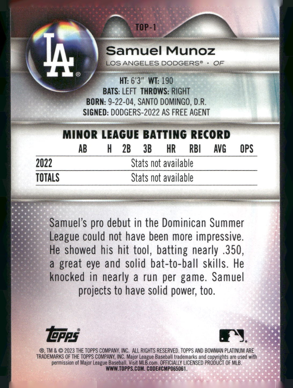2023 Bowman Platinum #TOP-1 Samuel Munoz Top Prospects