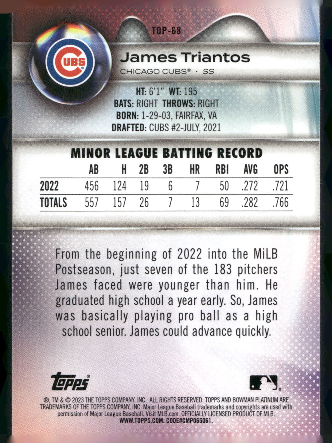 2023 Bowman Platinum #TOP-68 James Triantos Top Prospects