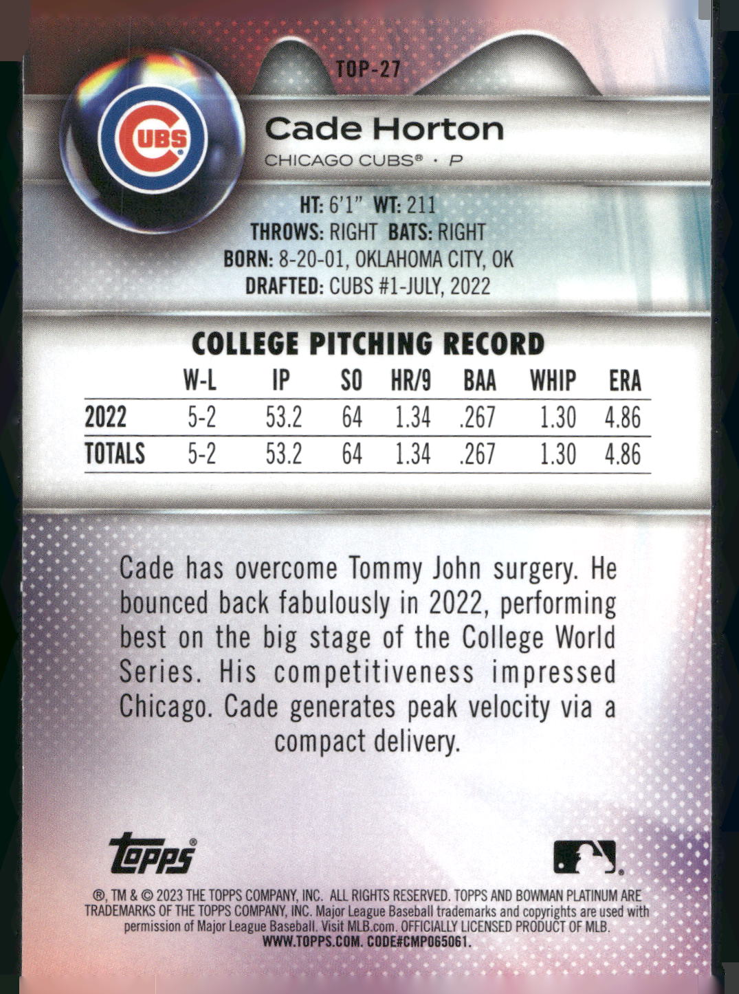 2023 Bowman Platinum #TOP-27 Cade Horton Top Prospects