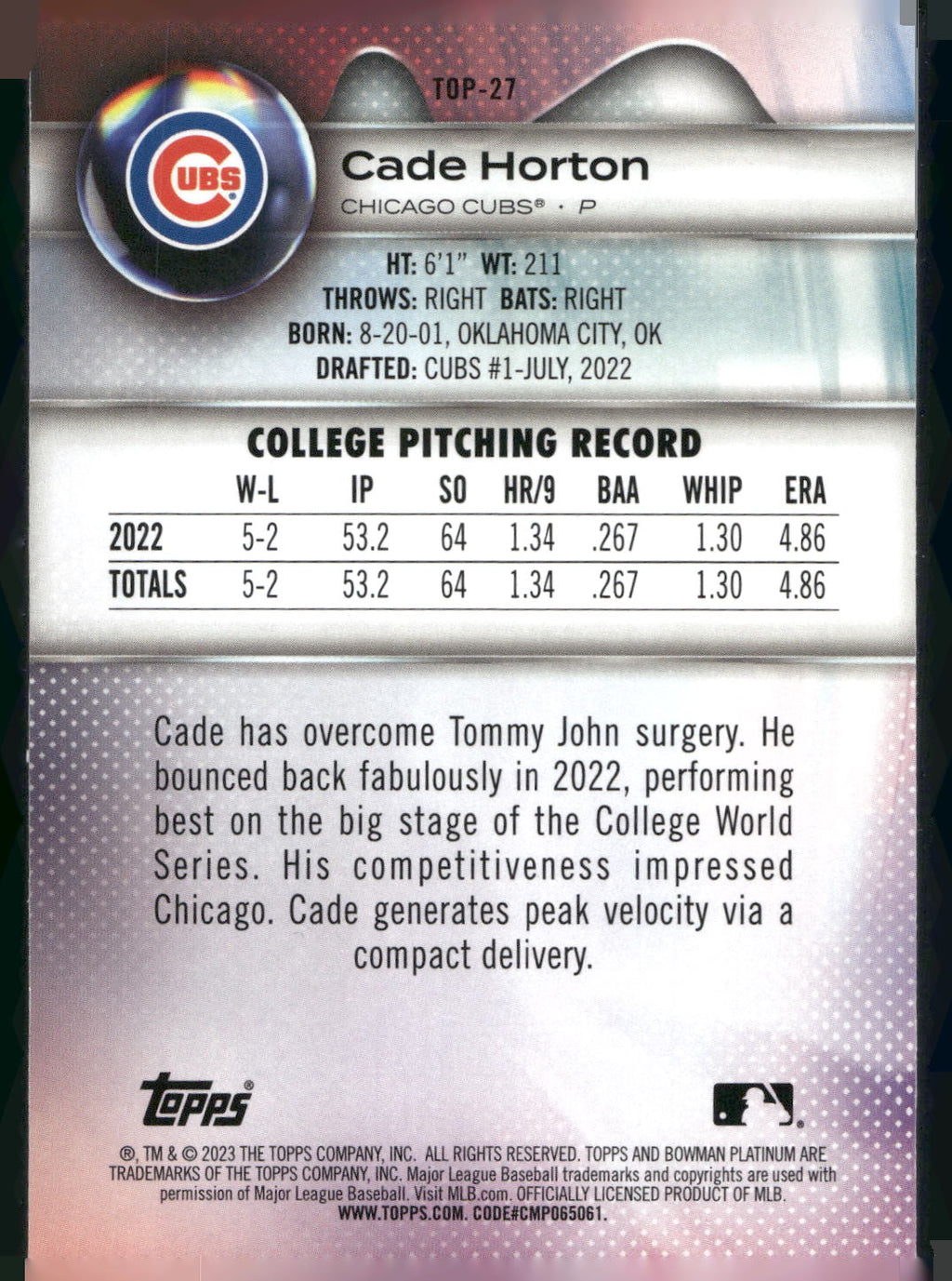 2023 Bowman Platinum #TOP-27 Cade Horton Top Prospects