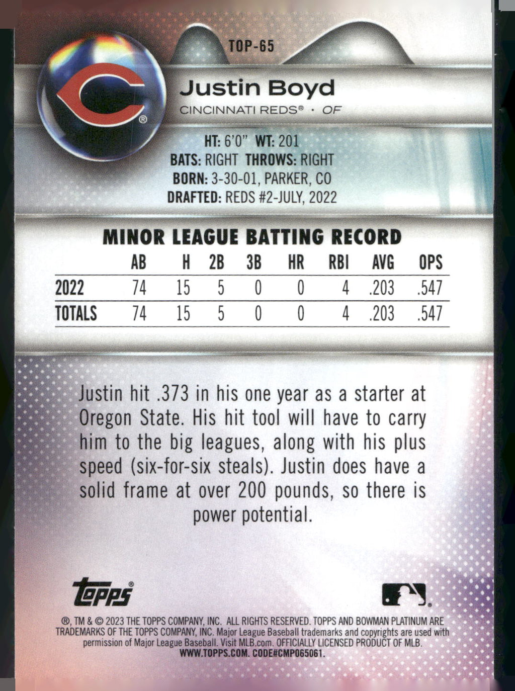 2023 Bowman Platinum #TOP-65 Justin Boyd Top Prospects