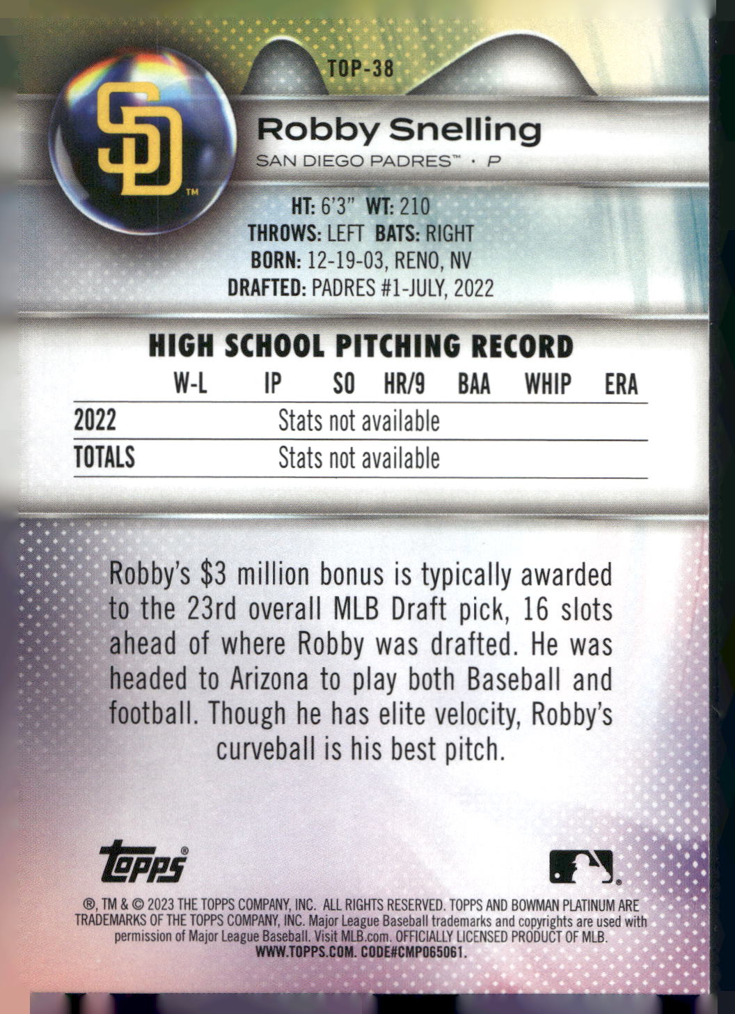 2023 Bowman Platinum #TOP-38 Robby Snelling Top Prospects