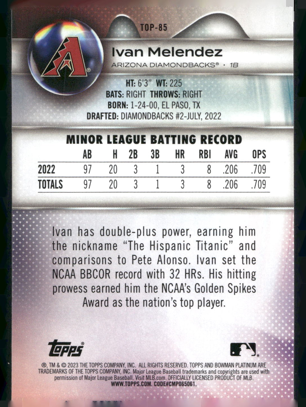 2023 Bowman Platinum #TOP-85 Ivan Melendez Top Prospects