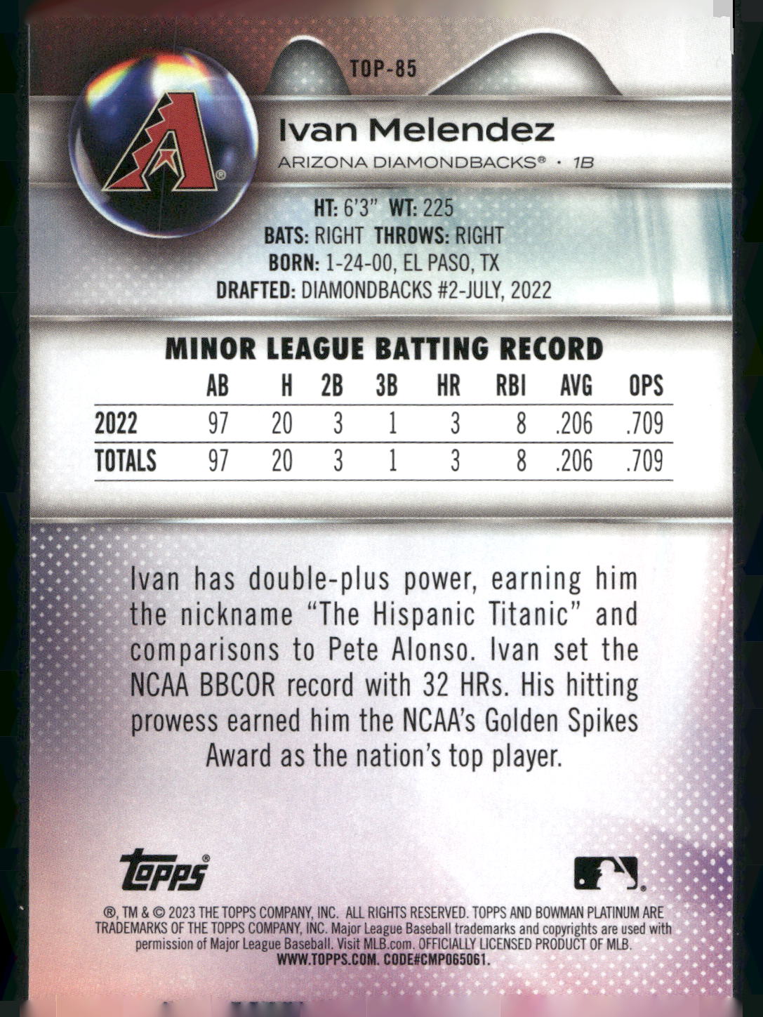 2023 Bowman Platinum #TOP-85 Ivan Melendez Top Prospects