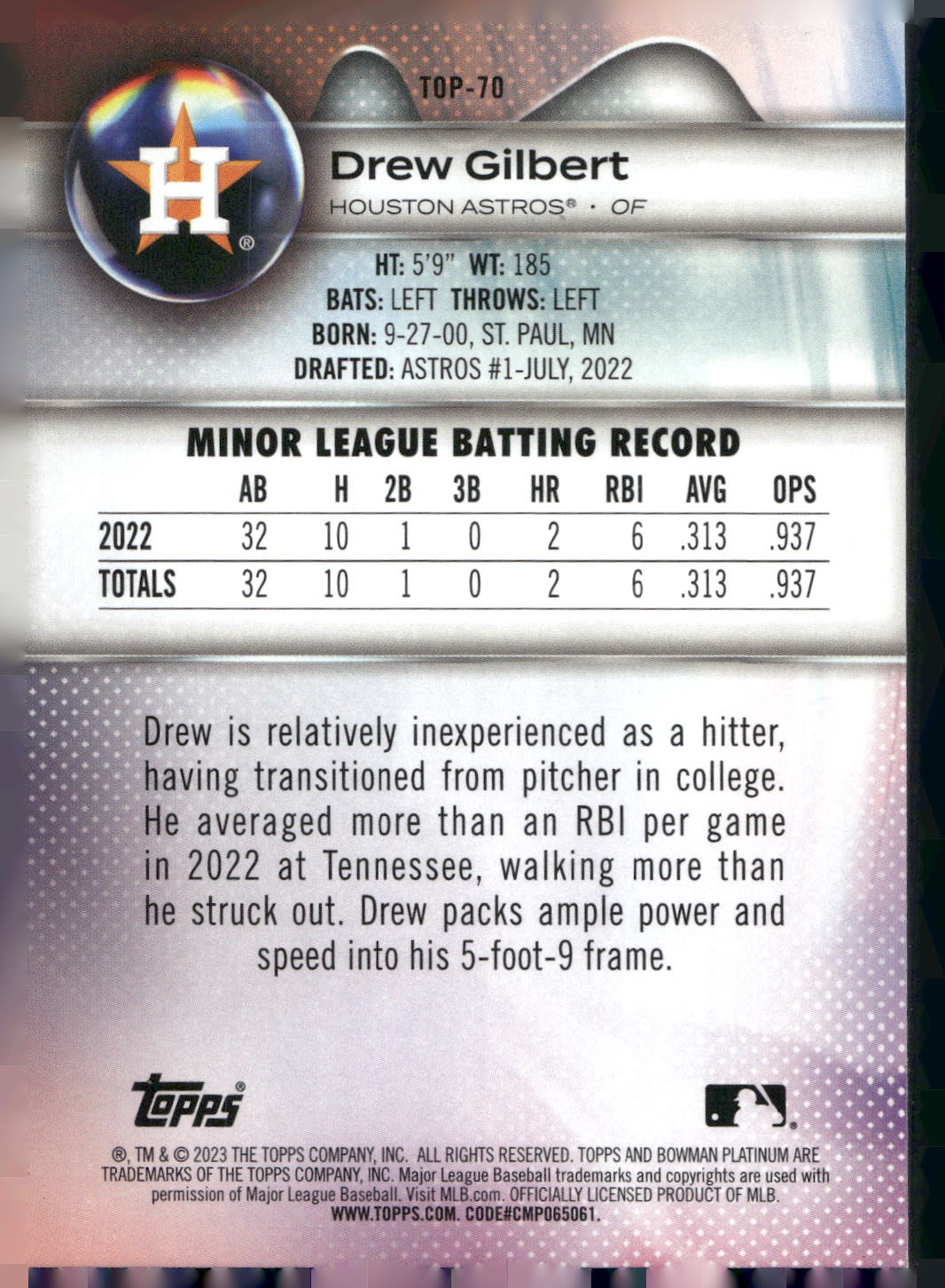 2023 Bowman Platinum #TOP-70 Drew Gilbert Top Prospects