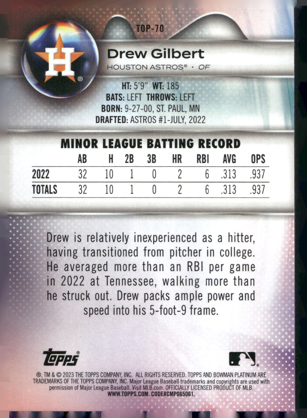 2023 Bowman Platinum #TOP-70 Drew Gilbert Top Prospects