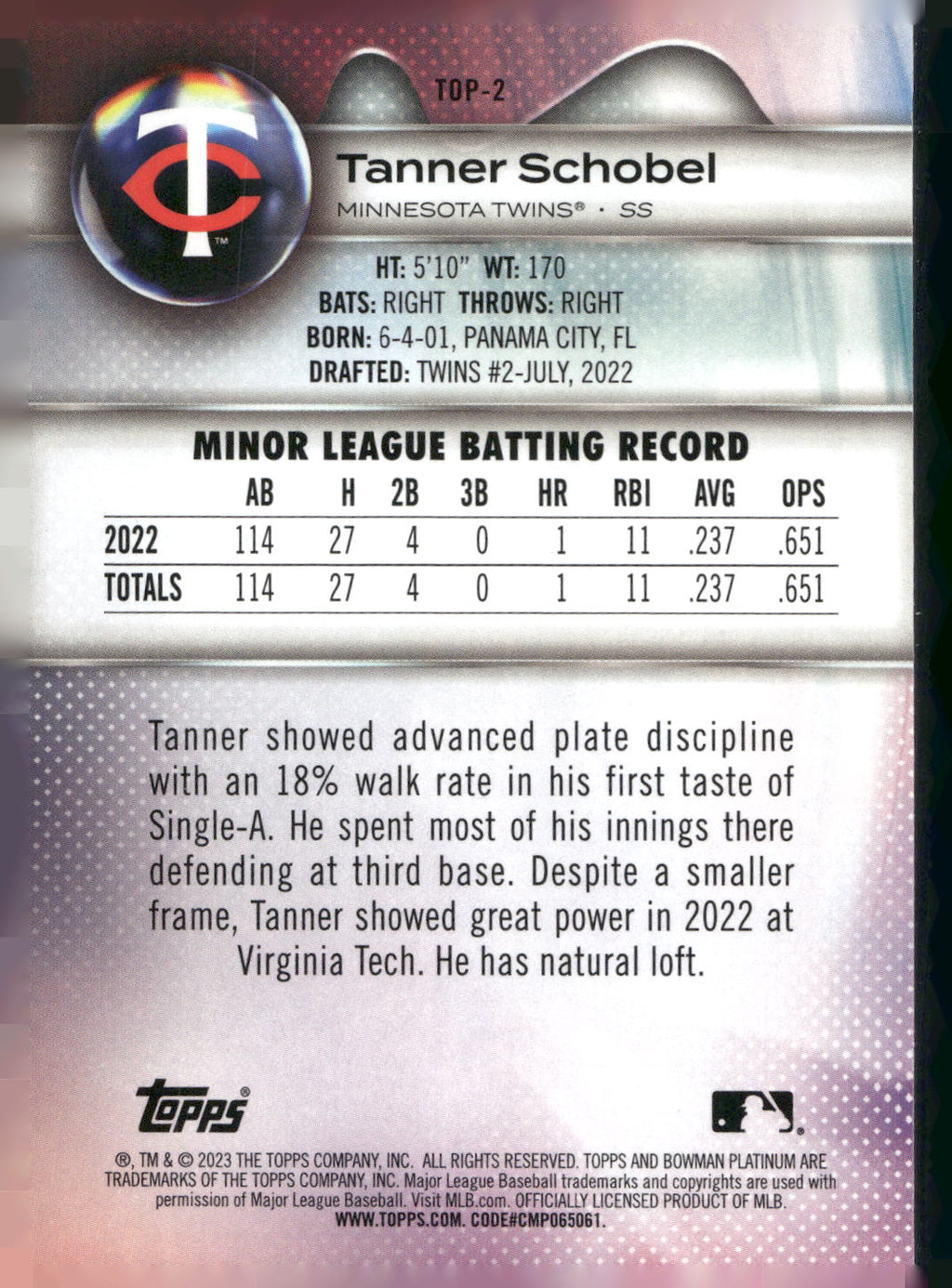 2023 Bowman Platinum #TOP-2 Tanner Schobel Top Prospects