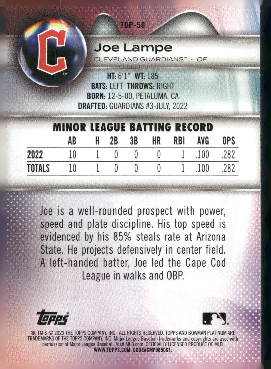 2023 Bowman Platinum #TOP-50 Joe Lampe Top Prospects