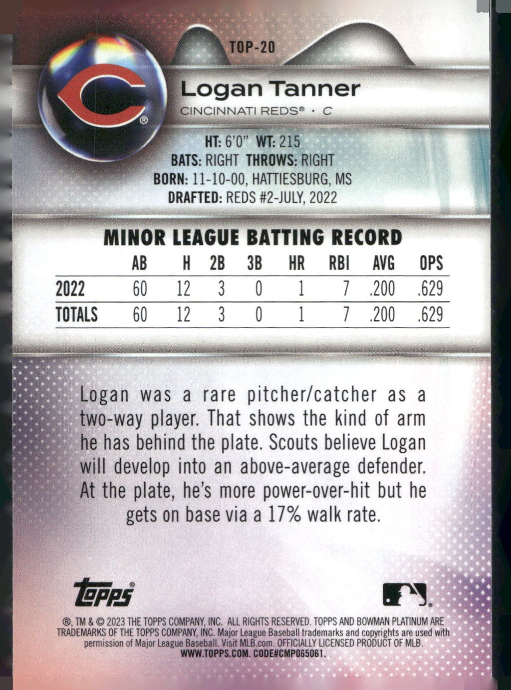 2023 Bowman Platinum #TOP-20 Logan Tanner Top Prospects