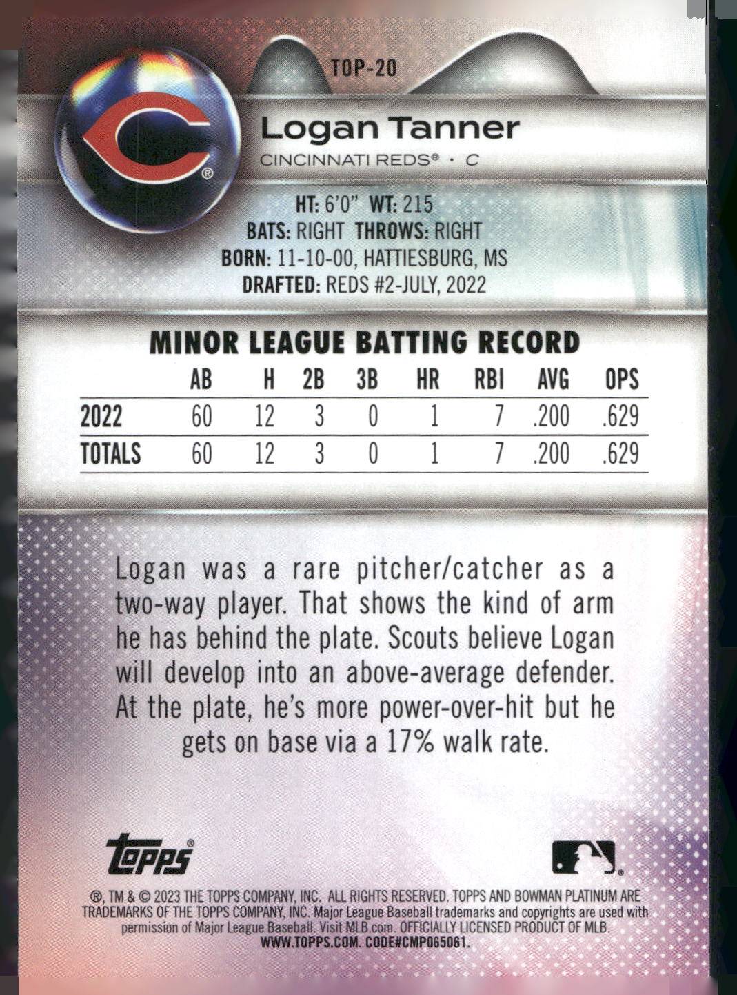 2023 Bowman Platinum #TOP-20 Logan Tanner Top Prospects