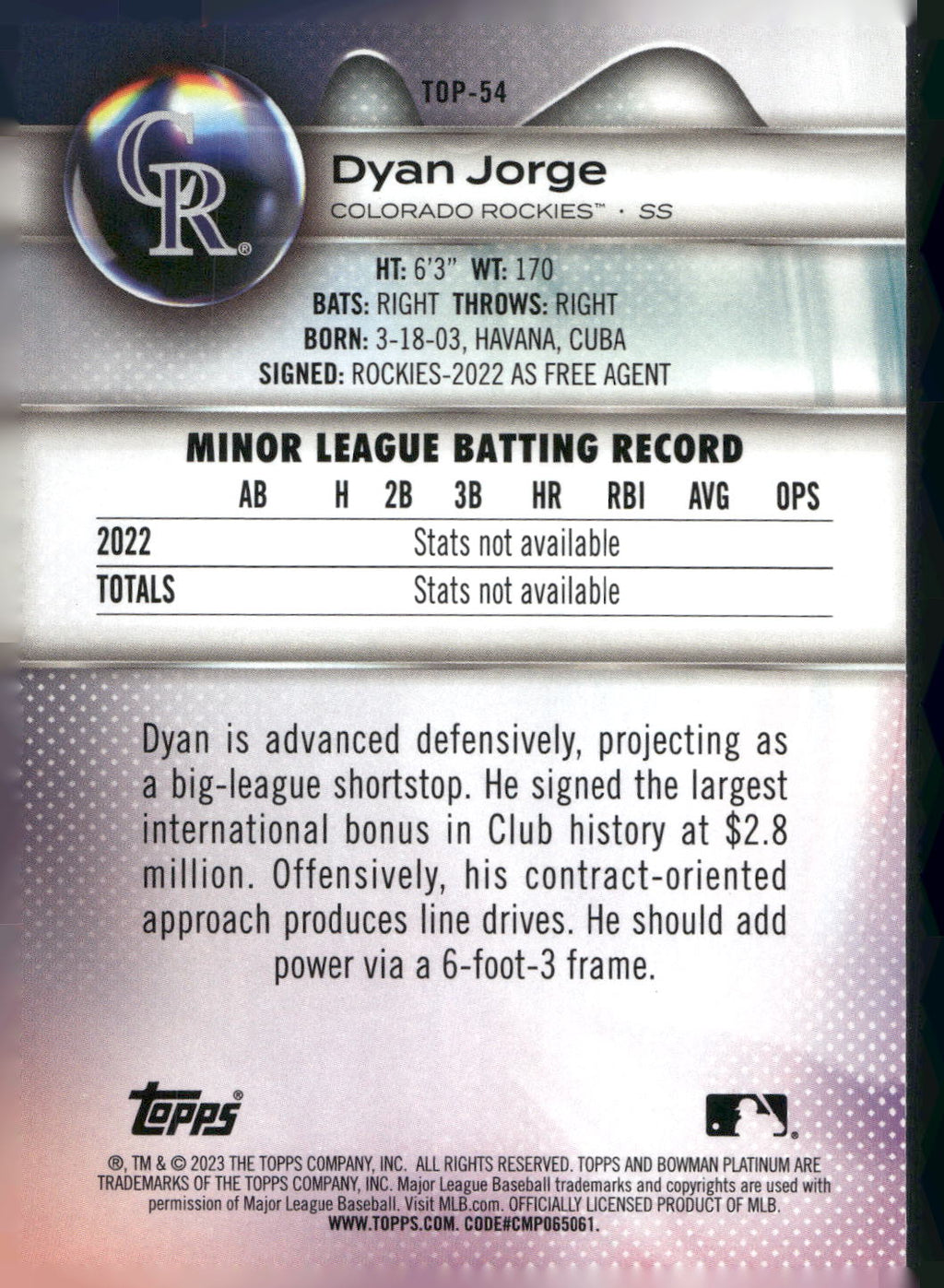 2023 Bowman Platinum #TOP-54 Dyan Jorge Top Prospects
