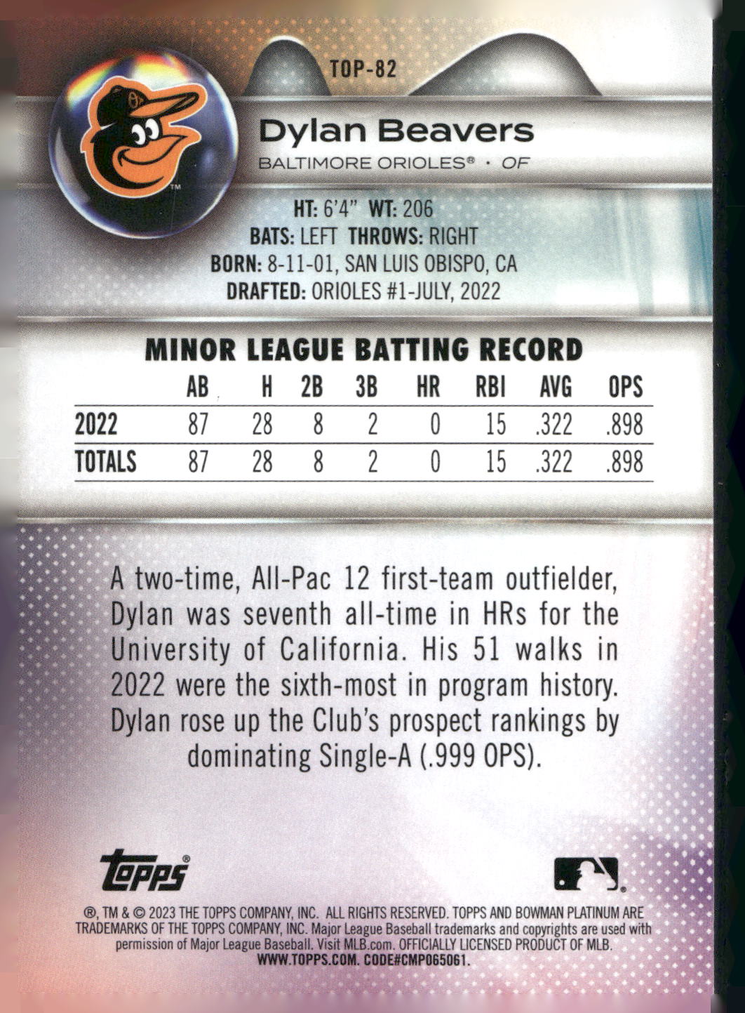 2023 Bowman Platinum #TOP-82 Dylan Beavers Top Prospects