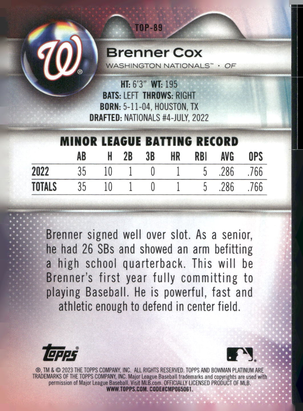 2023 Bowman Platinum #TOP-89 Brenner Cox Top Prospects