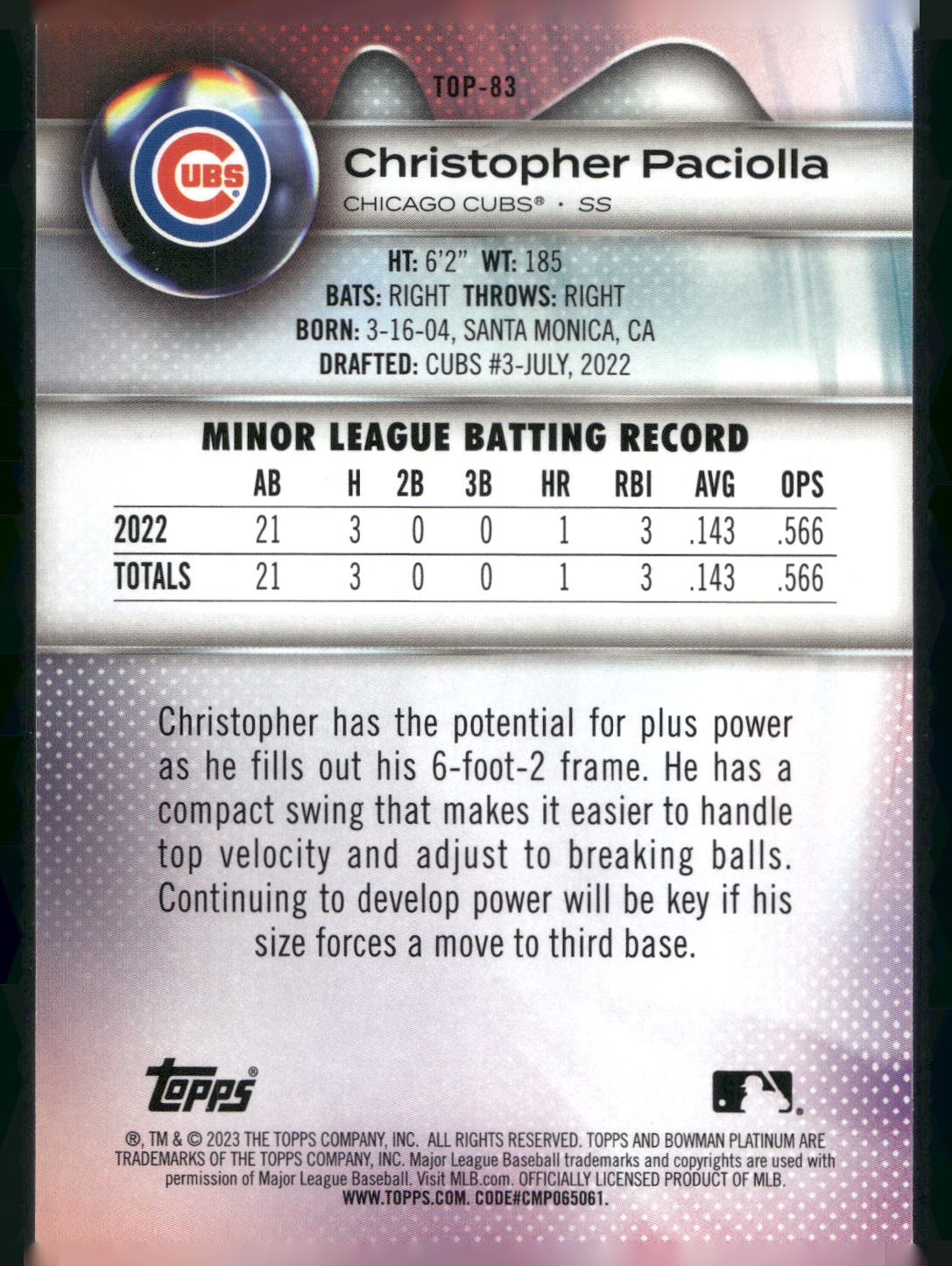 2023 Bowman Platinum #TOP-83 Christopher Paciolla Top Prospects